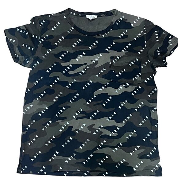 PINK VICTORIA’S SECRET CAMOUFLAGE PRINT CHEST POCKET T-SHIRT WOMEN’S SIZE SMALL - Picture 1 of 5
